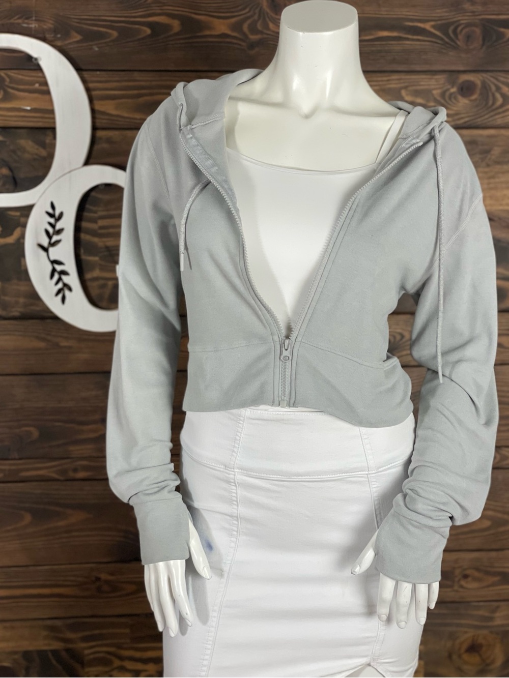 Vital Life Cropped Athletic Zip Up Hoodie Light Gray Thumb Holes Velour Velvet